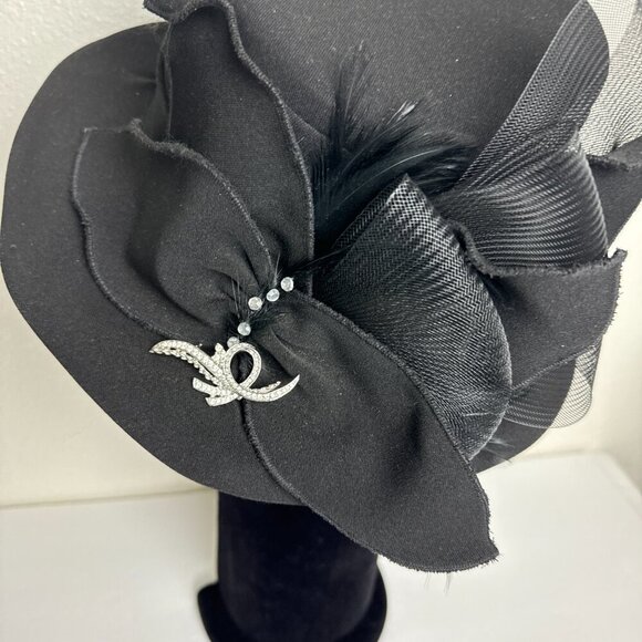 Moshita Couture Black Derby Holiday Church Hat Bow Brooch 